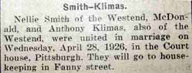 Marriage Notice for Anthony KLIMAS to Nellie Smith, 28 Apr 1926