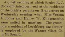 Marriage Notice for Henry W. KLINGENSMITH to Verona L. Johns, no date, in 9-22-1905 paper
