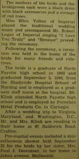 Part 3 Marriage Notice for William C. KLINK to Dorothy J. Cheesebrough, 28 Sep 1946