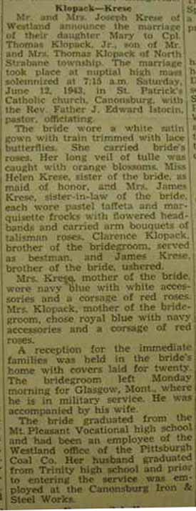 Marriage Notice for Thomas KLOPACK, Jr. to Mary Krese, 12 Jun 1943