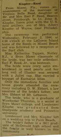 Marriage Notice for John R. KLOPFER to Virginia Belle Reed, 2 Feb 1944