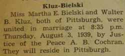 Marriage Notice for Walter B. KLUZ to Martha E. Bielski, 3 Aug 1939