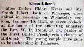 Marriage Notice for Frank LIBERT to Esther Eldora Kress, 10 Jan 1923