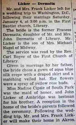 Marriage Notice for Frank LICKER to Frances Dermatta, 4 Jan 1947