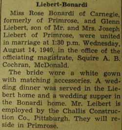 Marriage Notice for 
        Glenn LIEBERT to Rose Bonardi, 14 Aug 1940
