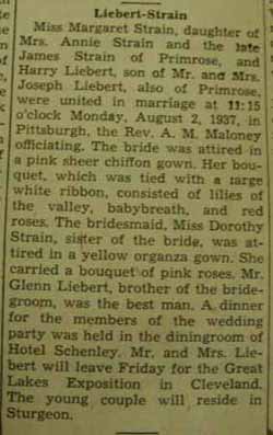 Marriage Notice for  Harry LIEBERT to Margaret Strain, 2 Aug 1937