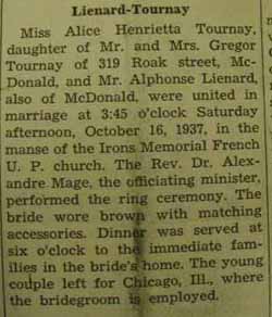 Marriage Notice for 
        Alphonse LIENARD to Alice Henrietta Tournay, 16 Oct 1937