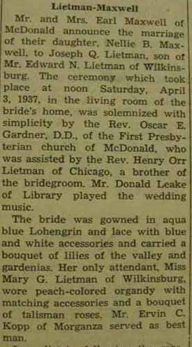 Part 1 Marriage Notice for Joseph Q. LIETMAN to Nellie B. Maxwell, 3 Apr 1937