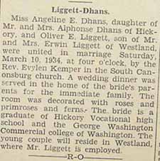 Marriage Notice for Oliver E. LIGGETT to Angeline E. Dhans, 10 Mar 1934