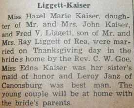 Marriage Notice for Fred V. LIGGETT to Hazel Marie Kaiser, 24 Nov 1938