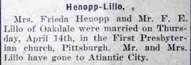 1st Article Marriage Notice for F. E. LILLO to Mrs. Frieda Henopp, 14 Apr 1921