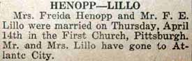2nd Article Marriage Notice for F. E. LILLO to Mrs. Frieda Henopp, 14 Apr 1921