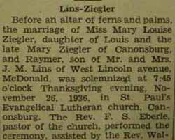 Part 1 Marriage Notice for Raymer LINS to Mary Louise Ziegler, 26 Nov 1936