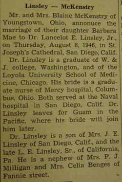 Marriage Notice for Lancelot E. LINSLEY, Jr. to Barbara Mae McKenstry, 8 Aug 1946