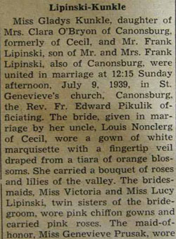 Part 1 marriage notice for Frank LIPINSKI to Gladys Kunkle, 9 Jul 1939