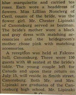 Part 2 marriage notice for Frank LIPINSKI to Gladys Kunkle, 9 Jul 1939