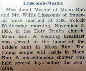 Marriage Notice for Willis LIPSCOMB to Janet Mosnic, 9 Nov 1938