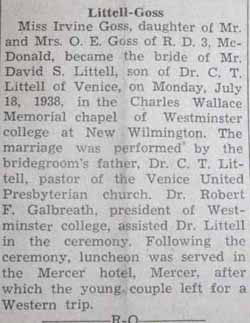 Marriage Notice for David S. LITTELL to Irvine Goss, 18 Jul 1938
