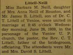 Marriage Notice for James B. LITTELL to Barbara M. Neill, 28 Jun 1939