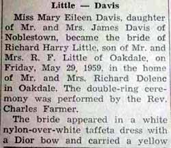 Part 1 Marriage Notice for Richard Harry LITTLE to Mary Eileen Davis, 29 May 1959