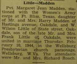 Marriage notice for W. Wilson LITTLE to Margaret Jean Madden, 10 Feb 1944