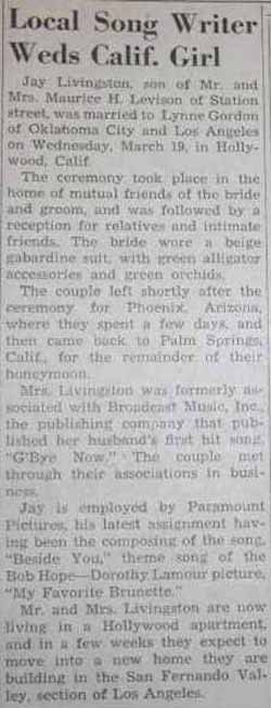 Marriage notice for Jay LIVINGSTON to Lynne Gordon, 19 Mar 1947