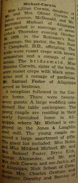 Part 1 Marriage Notice for 
        Raymond MICHAEL to Lillian Corwin, 26 Oct 1939