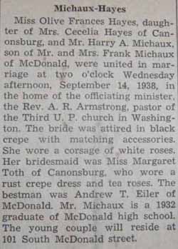 Marriage Notice for Harry A. MICHAUX to Olive Frances Hayes, 14 Sep 1938