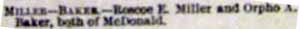 Marriage Notice for Roscoe E. MILLER to Orpho A. Baker, no date, in 7-10-1897 paper
