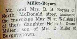 Marriage Notice for Duane MILLER to Helen Boynes, 29 May 1936