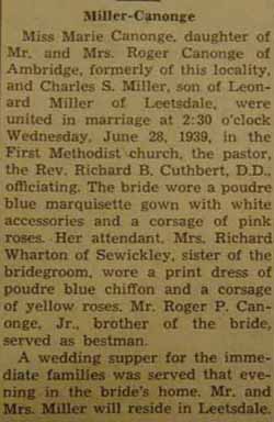 Marriage Notice for Charles S. MILLER to Marie Canonge, 28 Jun 1939