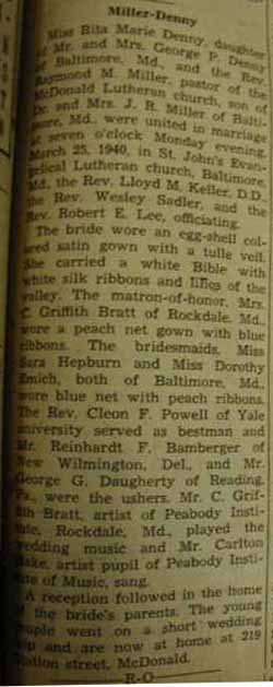 Marriage notice for Raymond M. MILLER to Rita Marie Denny, 25 Mar 1940