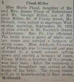 Marriage Notice for George MILLER to Marie Flood, 26 Sep 1923