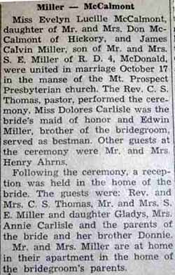 Marriage Notice for James Calvin MILLER to Evelyn Lucille McCalmont, 17 Oct 1947