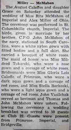 Marriage Notice for Alex MILLER to Rita McMahon, no date, in 12-5-1947 paper
