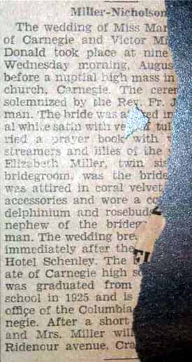 Marriage Notice for Victor MILLER to Mar***** Nicholson, no date, in 8-31-1934 paper