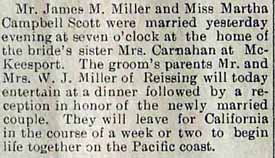 Marriage Notice for James M. MILLER to Martha Campbell Scott, 27 Apr 1905