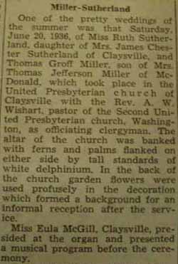 Part 1 Marriage Notice for Thomas Groff MILLER to Ruth Sutherland, 20 Jun 1936