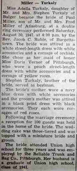 Marriage Notice for Paul MILLER to Adella Turkaly, 30 Aug 1947