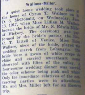 Marriage Notice for S. Edwin MILLER to Lillian M. Wallace, 13 Jun 1917