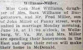 Marriage Notice for Fred MILLER to Cora Mae Williams, 10 Jun 1929