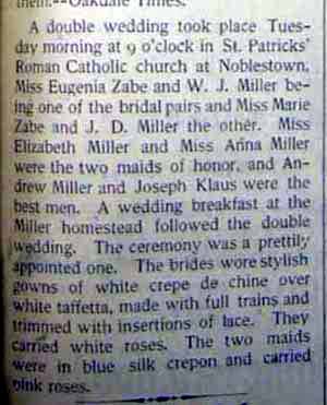 Marriage Notice for W. J. MILLER to Eugenia Zabe, no date, in 10-4-1902 paper