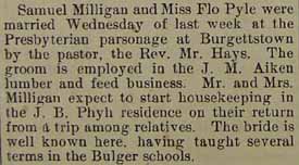 Marriage Notice for Samuel MILLIGAN to Flo Pyle, no date, in 4-26-1912 paper
