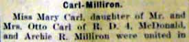 Part 1 Marriage Notice for Archie R. MILLIRON to Mary Carl, 5 Sep 1917