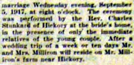 Part 2 Marriage Notice for Archie R. MILLIRON to Mary Carl, 5 Sep 1917