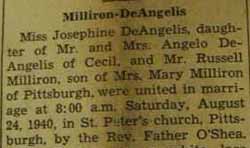 Part 1 Marriage Notice for Russell MILLIRON to Josephine DeAngelis, 24 Aug 1940