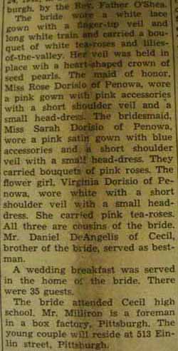 Part 2 Marriage Notice for Russell MILLIRON to Josephine DeAngelis, 24 Aug 1940