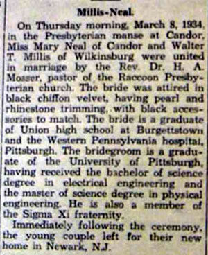 Wedding Announcement for Walter T. MILLIS to Mary Neal, 8 Mar 1934