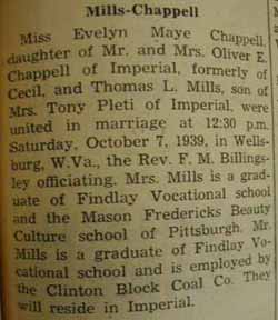 Marriage Notice from Thomas L. MILLS to Evelyn Maye Chappell, 7 Oct 1939
