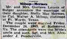 Marriage Notice for 
Walter A. MILSAP to Stella Mae Hermes, 24 Dec 1943